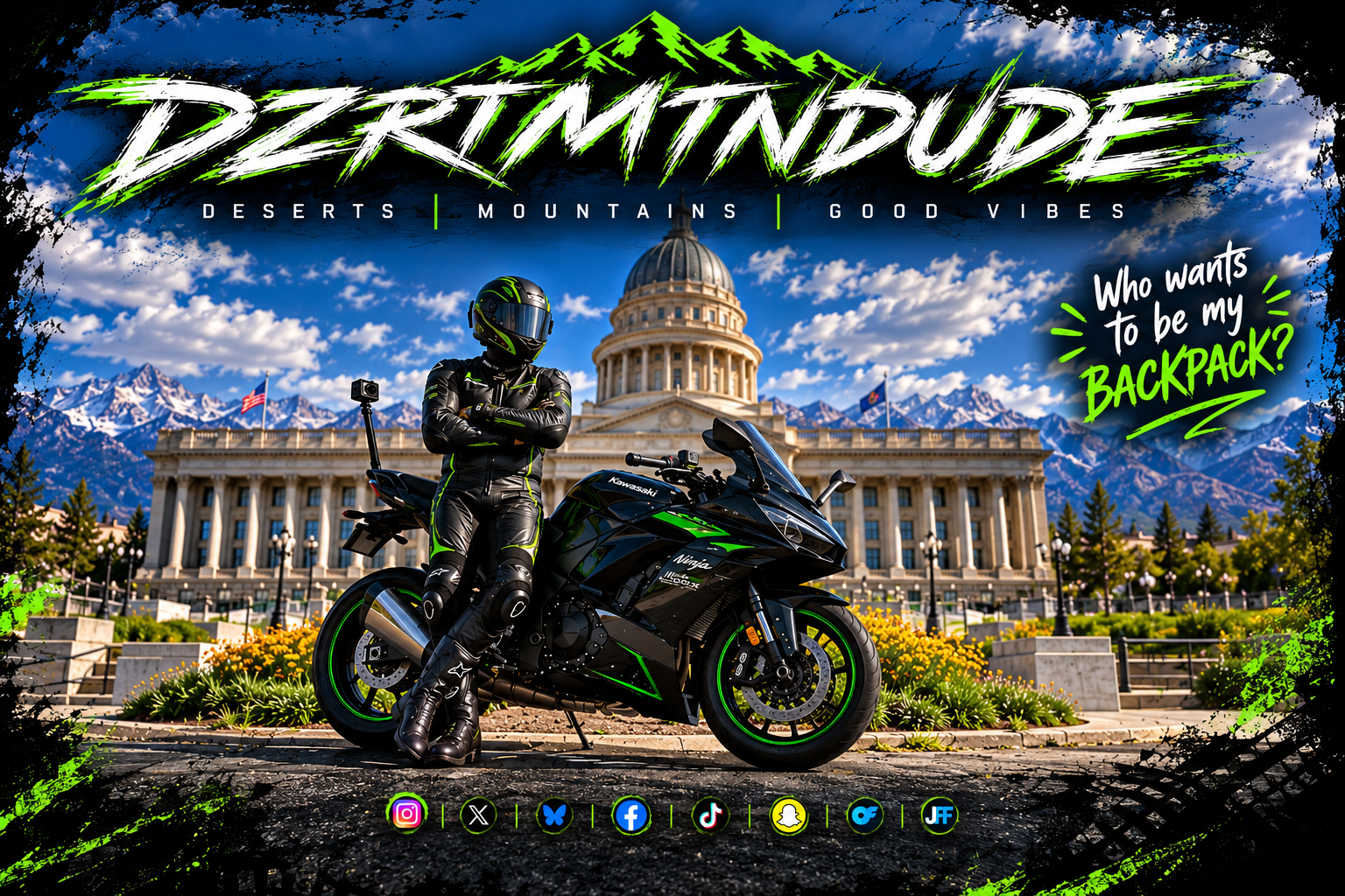 Motorcycle rider beside a black and green Kawasaki Ninja 1100SX in front of the Utah State Capitol